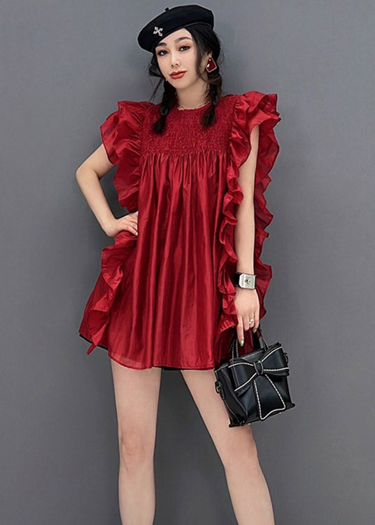 Red O-neck Ruffles Wrinkled Chiffon Dress Short Sleeve