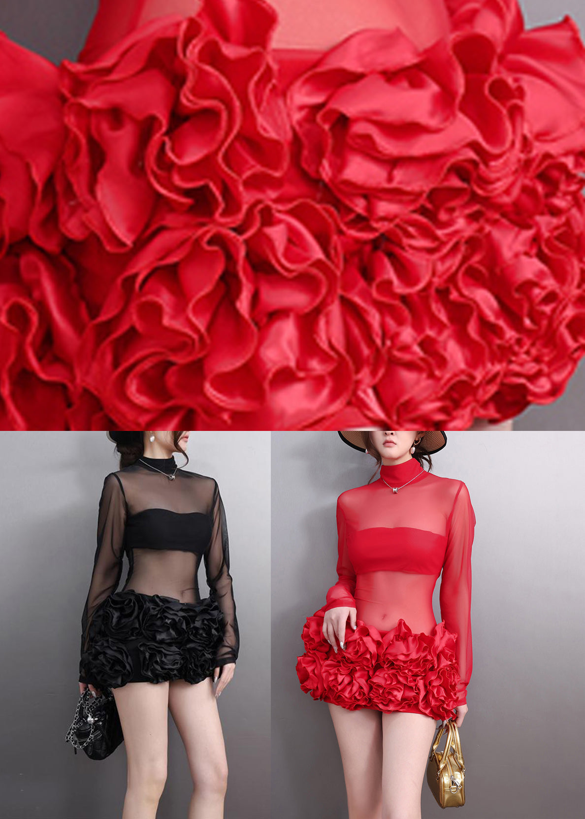 Red Patchwork Sheer Tulle Holiday Mid Dress Fall