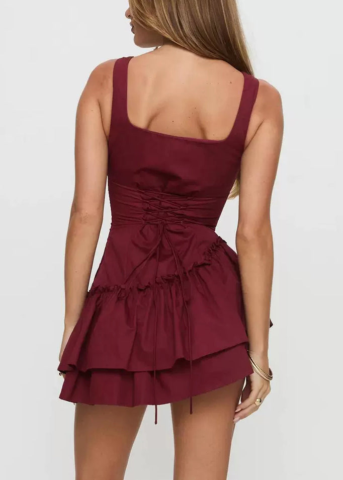 Red Ruffled Cotton Mini Dresses Summer