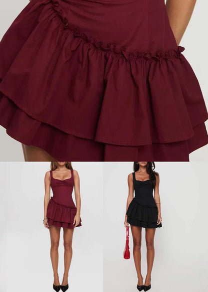 Red Ruffled Cotton Mini Dresses Summer