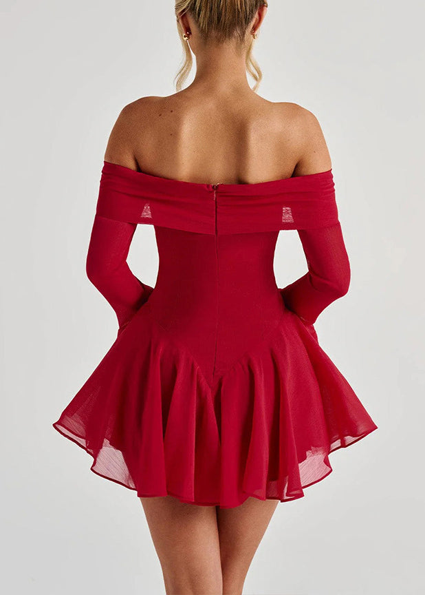 Red Slash Neck Bow Cotton Mid Dress Flare Sleeve