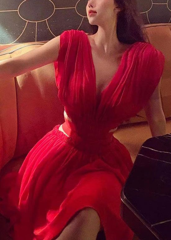Red V Neck Hollow Out Chiffon Mid Dress Summer