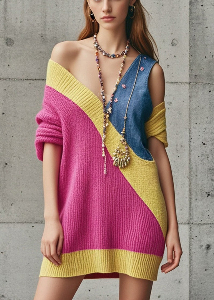 Rose Asymmetrical Patchwork Denim Knitwear Dress Fall