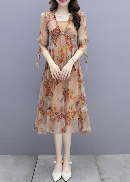 V Neck Print Patchwork Rivet Chiffon Long Dresses Half Sleeve