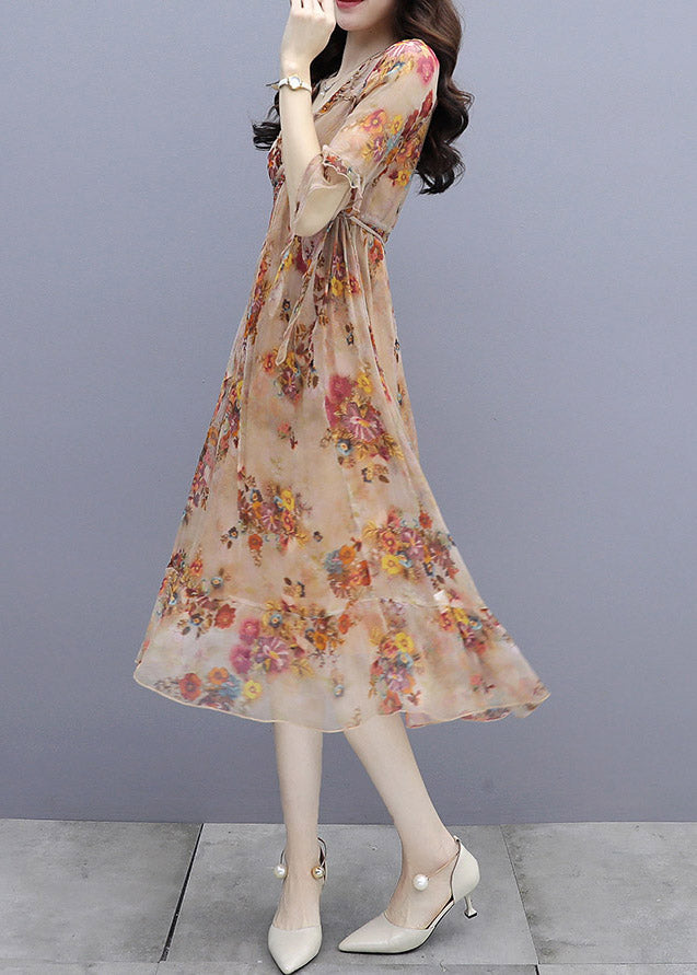 V Neck Print Patchwork Rivet Chiffon Long Dresses Half Sleeve