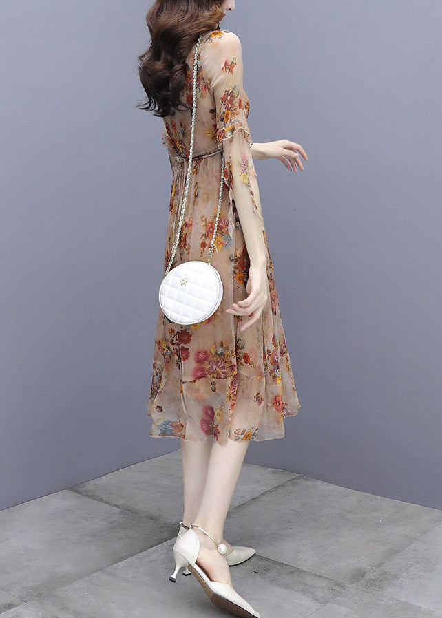 V Neck Print Patchwork Rivet Chiffon Long Dresses Half Sleeve