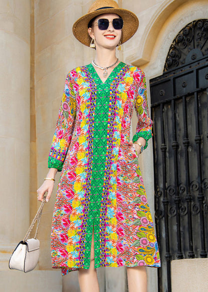 V Neck Print Pockets Silk Dress Long Sleeve