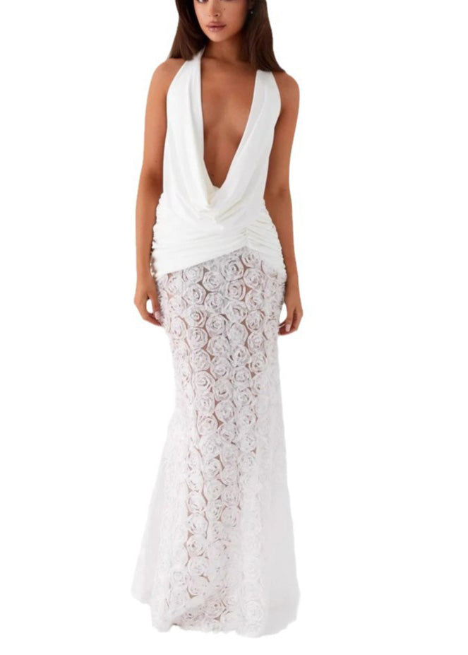 White Backless Patchwork Slim Fit Dress Summer