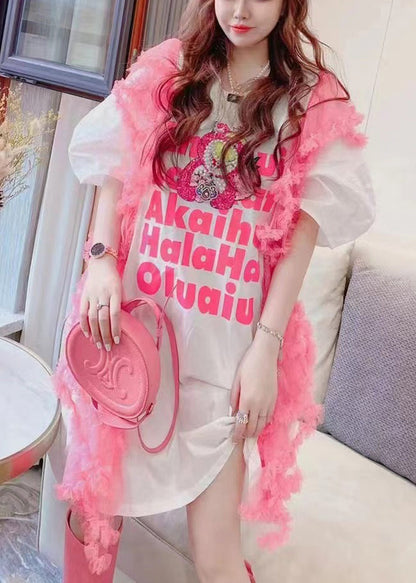 White O-neck Alphabet Tulle Patchwork Nail Bead Cotton Mid Dress Summer