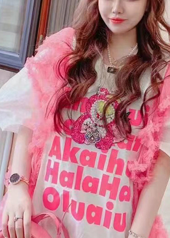 White O-neck Alphabet Tulle Patchwork Nail Bead Cotton Mid Dress Summer
