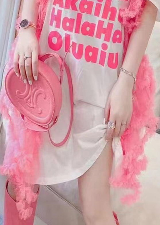 White O-neck Alphabet Tulle Patchwork Nail Bead Cotton Mid Dress Summer