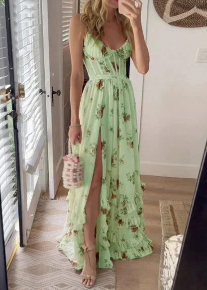 White Ruffled Print Side Open Cotton Long Dresses Sleeveless