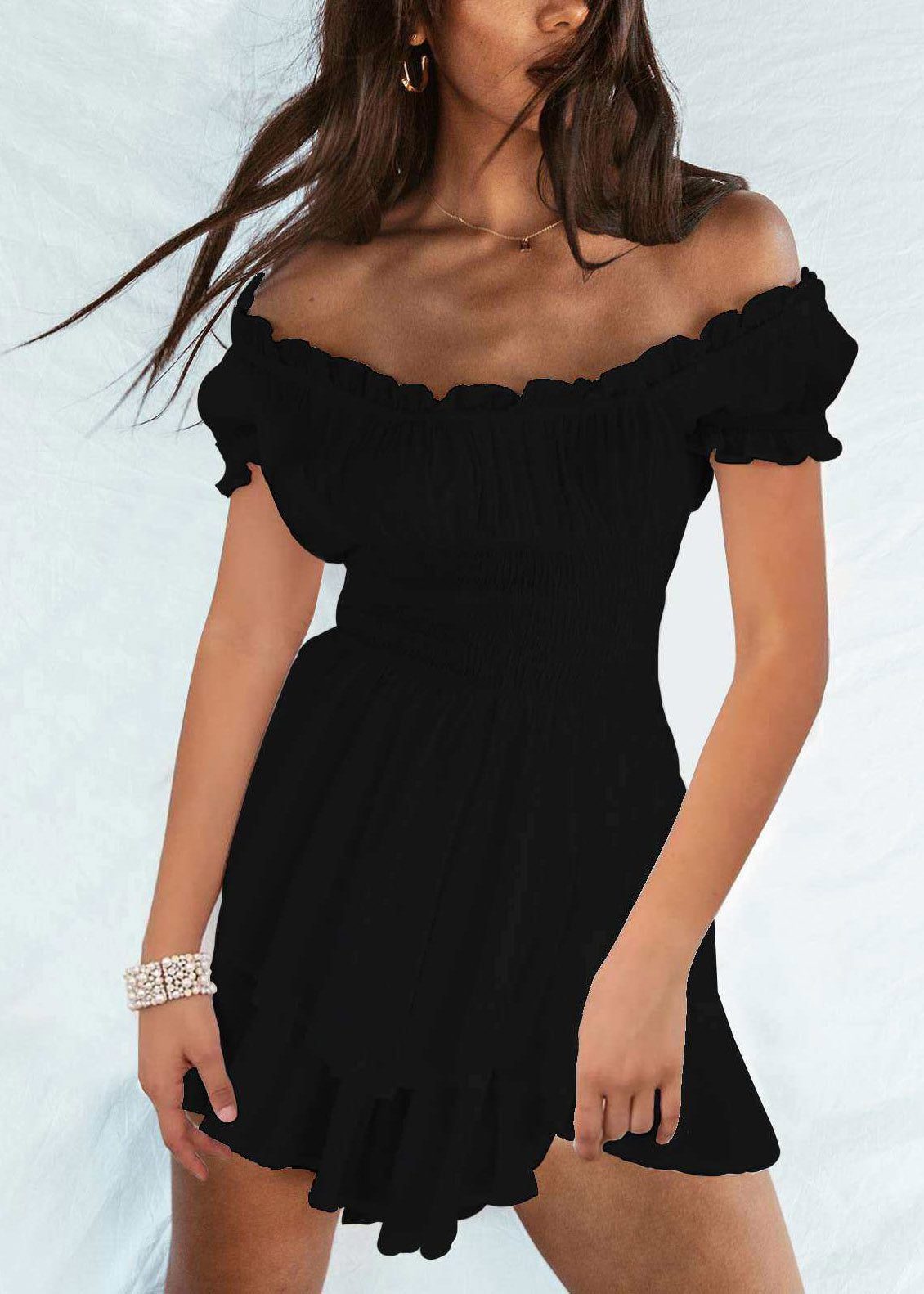 White Slash Neck Patchwork Elastic Waist Mini Dress Short Sleeve