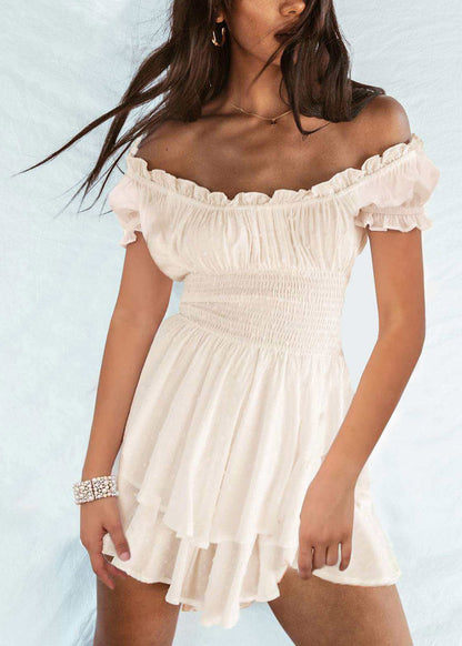 White Slash Neck Patchwork Elastic Waist Mini Dress Short Sleeve