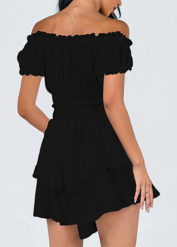 White Slash Neck Patchwork Elastic Waist Mini Dress Short Sleeve