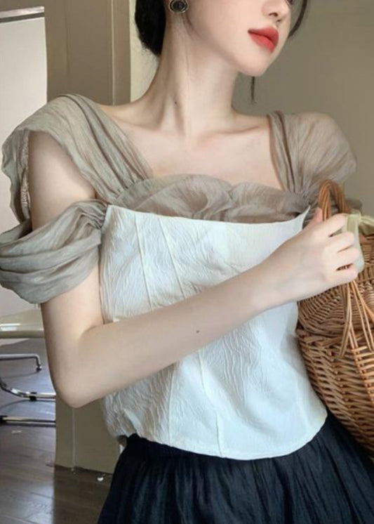 White Square Collar Tulle Patchwork Top Summer