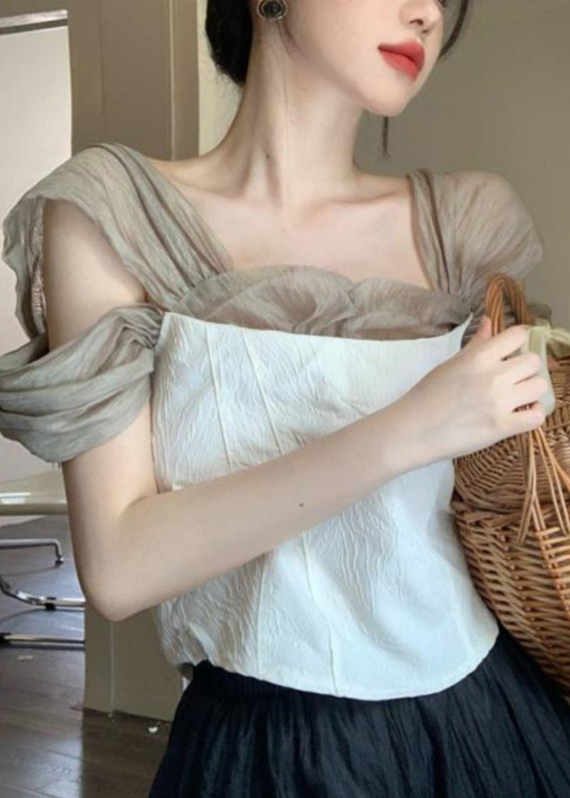 White Square Collar Tulle Patchwork Top Summer
