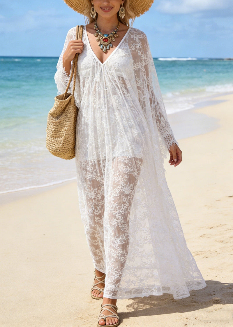 White V Neck Hollow Out Oversized Lace Vacation Dresses Summer