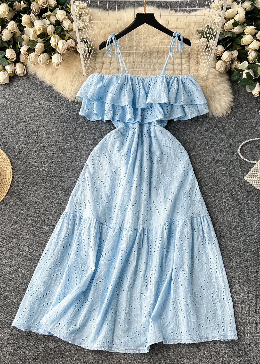 Yellow Slash Neck Hollow Out Cotton Spaghetti Strap Dress Sleeveless