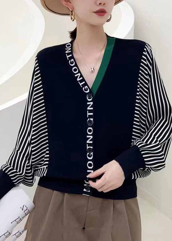 Yellow V Neck Striped Patchwork Button Knit Top Fall