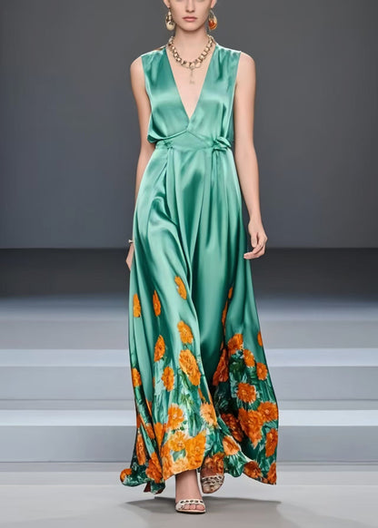 Silm Fit Green V Neck Print Silk Vacation Dresses Sleeveless