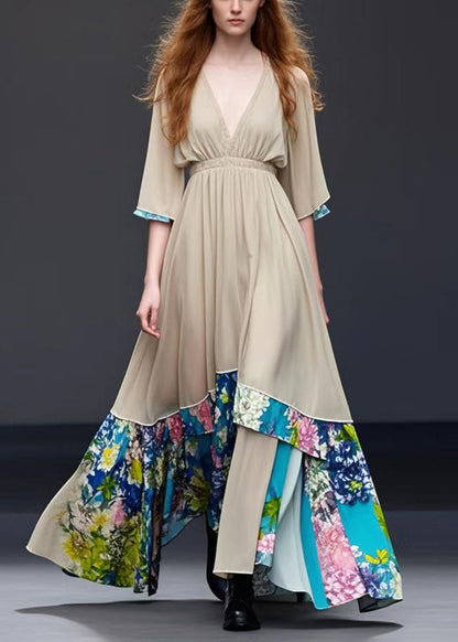 Silm Fit Khaki V Neck Patchwork Print Chiffon Dress Summer