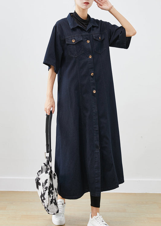 Silm Fit Navy Button Down Cotton a Line Dresses Short Sleeve