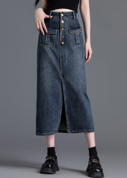 Silm Fit Navy High Waist Side Open Denim Straight Skirt Spring