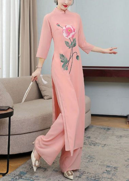 Silm Fit Pink Print Silk Cheongsam Dress Two Pieces Set Fall