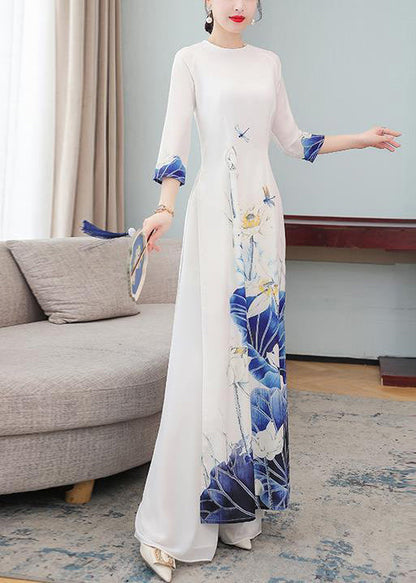 Silm Fit Pink Print Silk Cheongsam Dress Two Pieces Set Fall