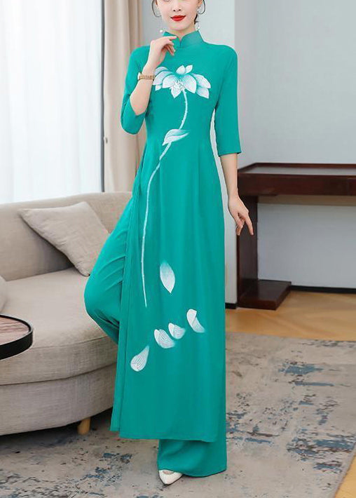 Silm Fit Pink Print Silk Cheongsam Dress Two Pieces Set Fall
