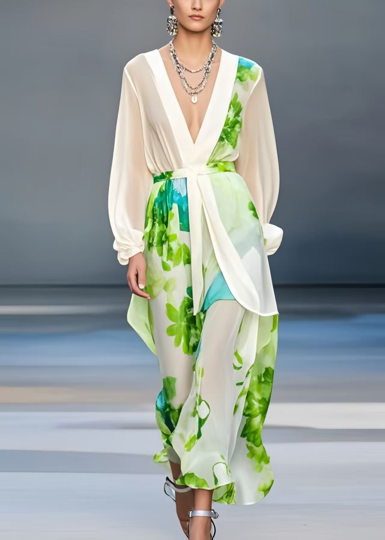Silm Fit White Deep-v Neck Print Chiffon Dresses Spring