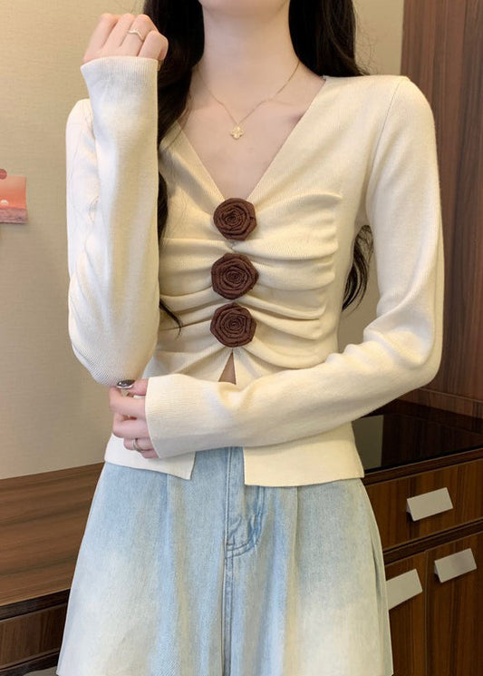 Silm Fit White V Neck Knit Sweater Spring