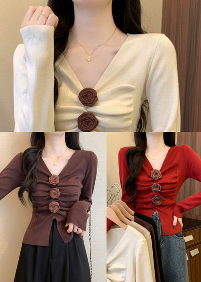 Silm Fit White V Neck Knit Sweater Spring