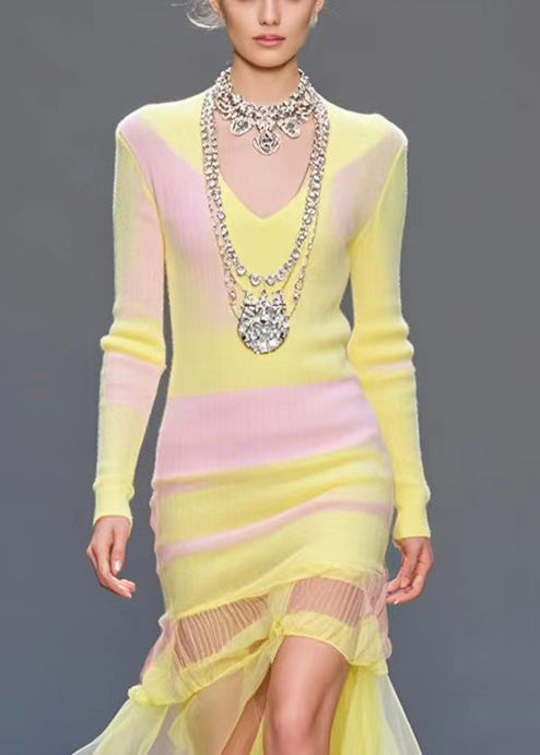 Silm Fit Yellow Patchwork Tulle Long Knit Dress Side Open Fall