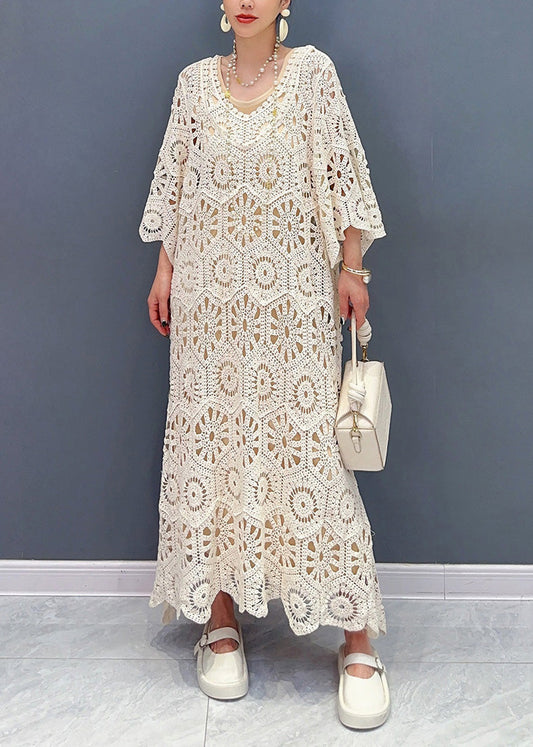 Simple Apricot O-neck Hollow Out Knit Maxi Dress Long Sleeve