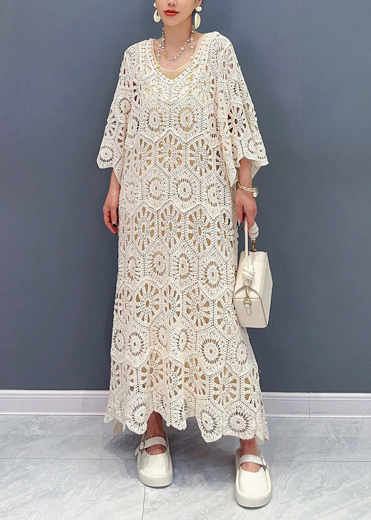 Simple Apricot O-neck Hollow Out Knit Maxi Dress Long Sleeve