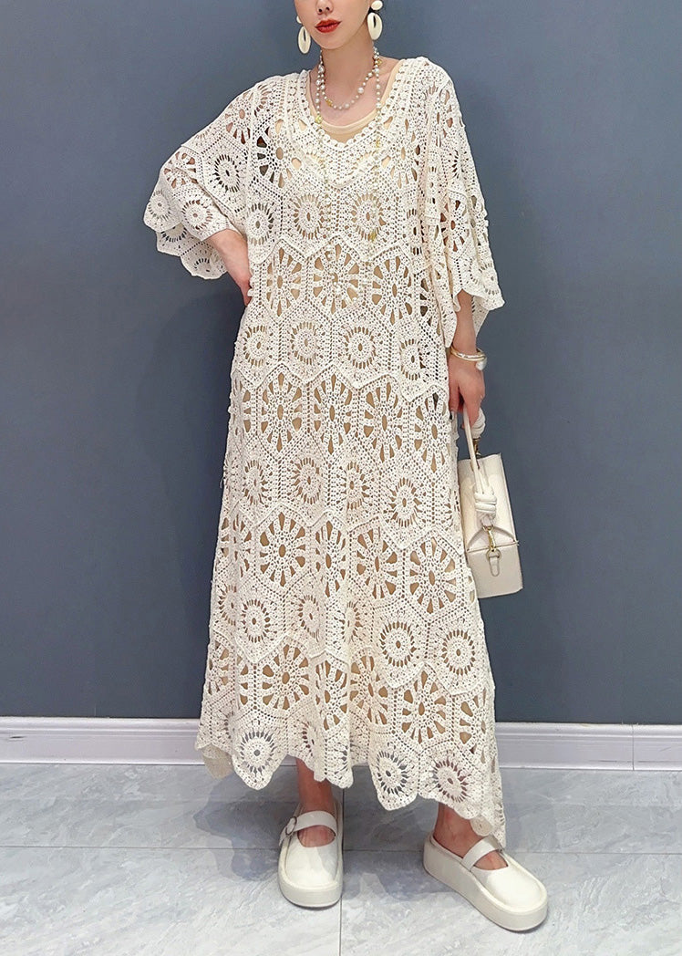 Simple Apricot O-neck Hollow Out Knit Maxi Dress Long Sleeve