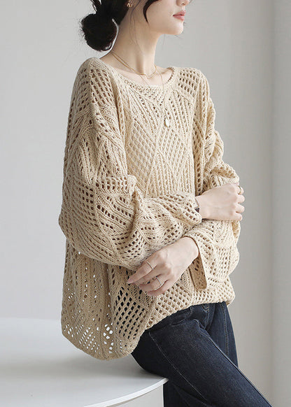 Simple Apricot O Neck Hollow Out Knit Sweater Spring