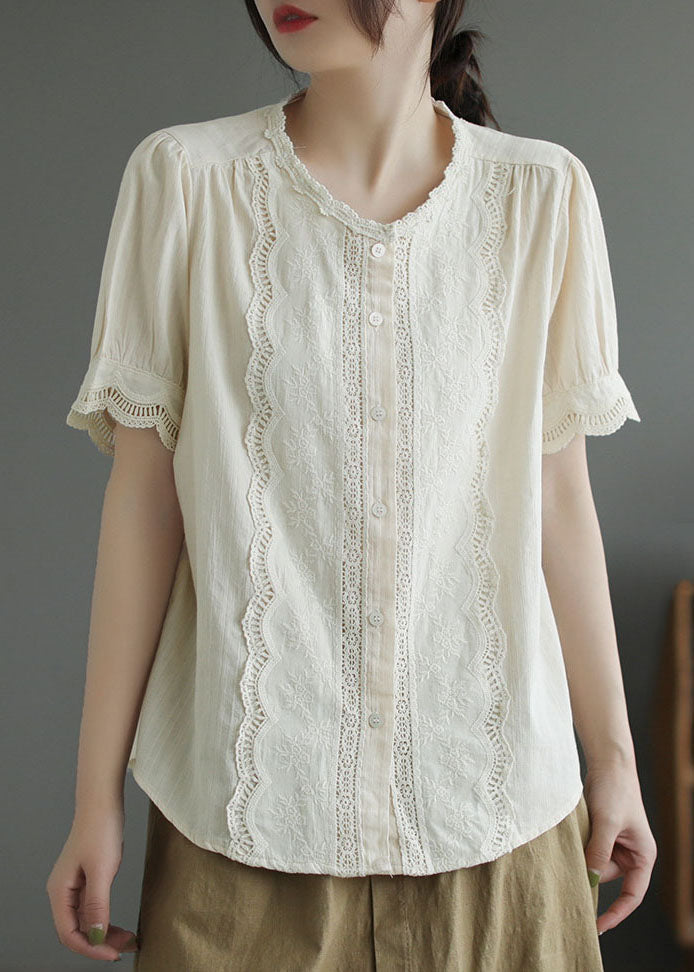 Simple Apricot O-neck Lace Patchwork Cotton Shirt Top Summer