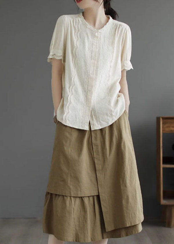 Simple Apricot O-neck Lace Patchwork Cotton Shirt Top Summer