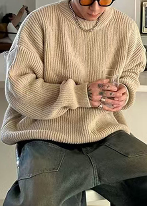 Simple Apricot O Neck Knit Sweaters Spring