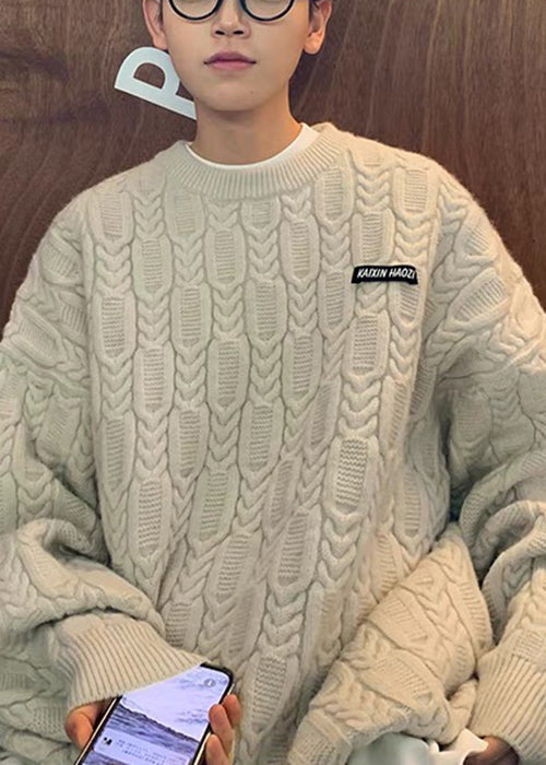 Simple Apricot O Neck Thick Cable Knit Sweaters Fall