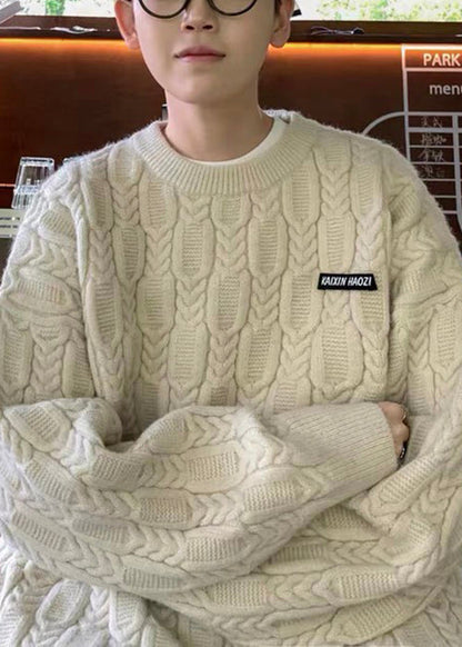 Simple Apricot O Neck Thick Cable Knit Sweaters Fall