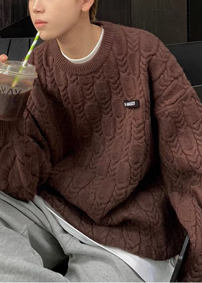 Simple Apricot O Neck Thick Cable Knit Sweaters Fall