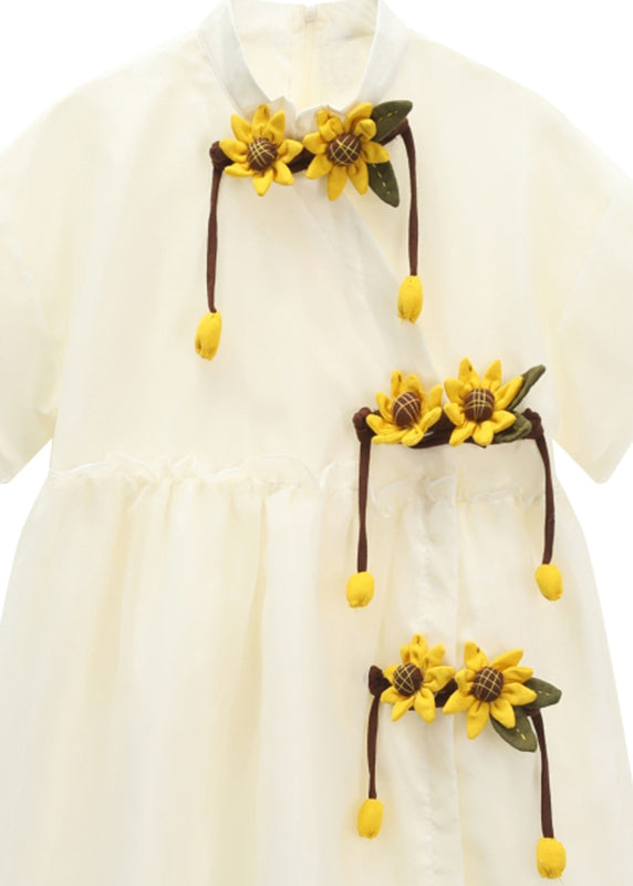 Simple Apricot Stand Collar Daisy Embroideried Wrinkled Organza Patchwork Cotton Dresses Short Sleeve