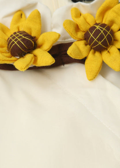 Simple Apricot Stand Collar Daisy Embroideried Wrinkled Organza Patchwork Cotton Dresses Short Sleeve