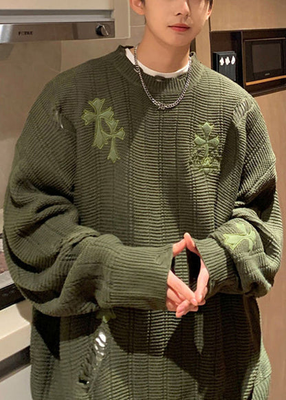 Simple Army Green Embroideried Hollow Out Knit Sweaters Winter