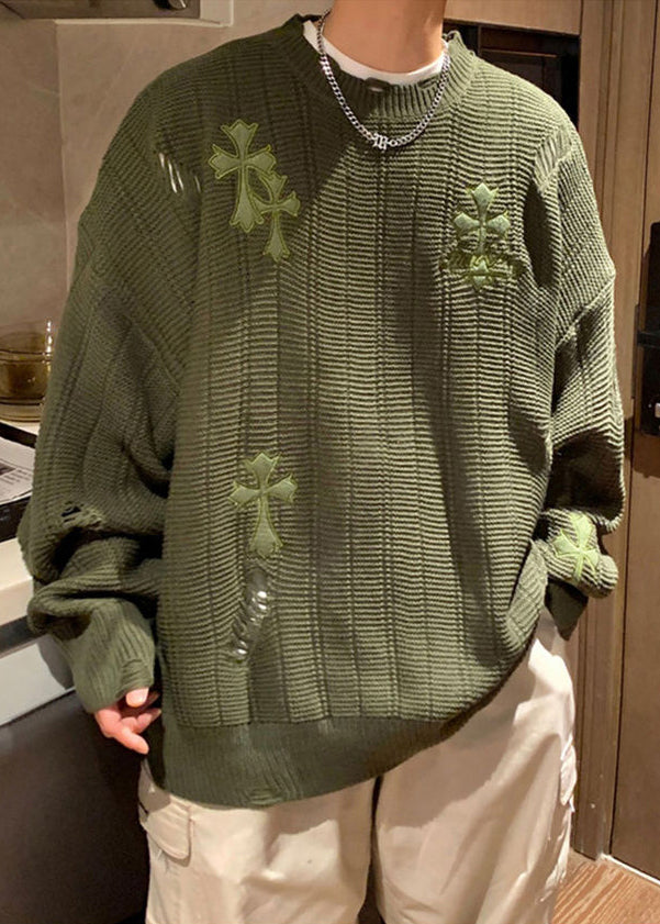 Simple Army Green Embroideried Hollow Out Knit Sweaters Winter