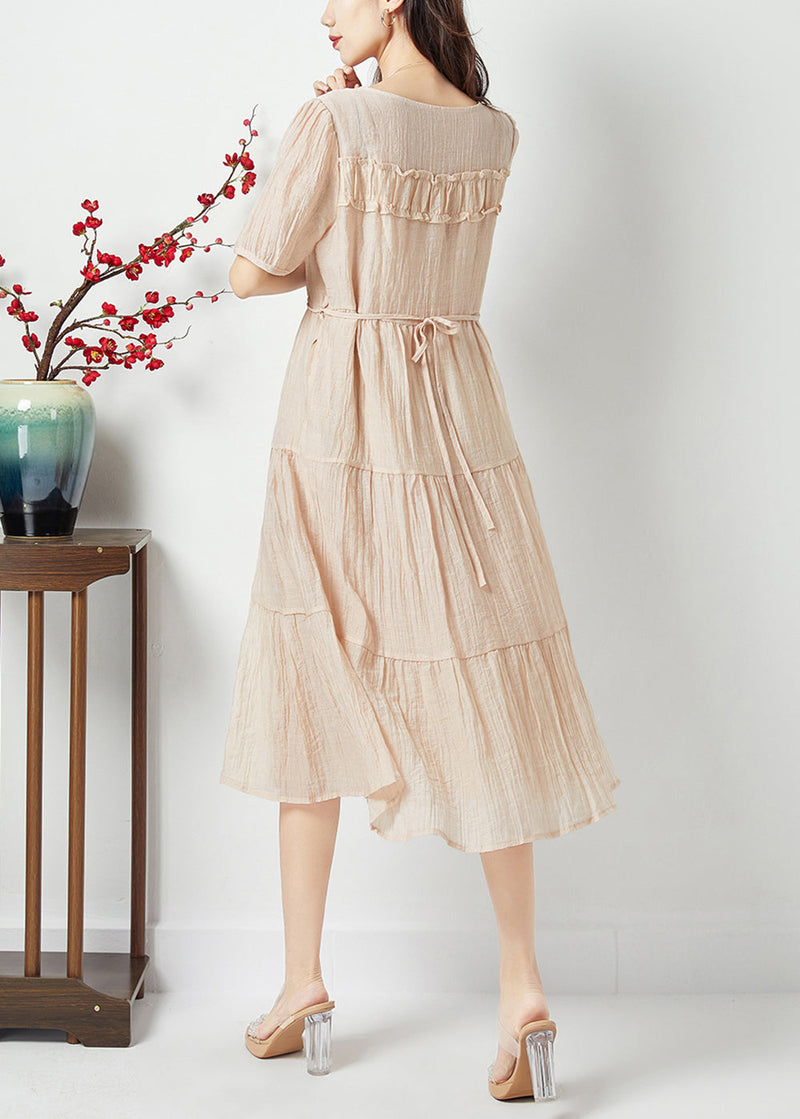 Simple Beige O-neck Patchwork Wrinkled Linen Silk Long Dress Summer